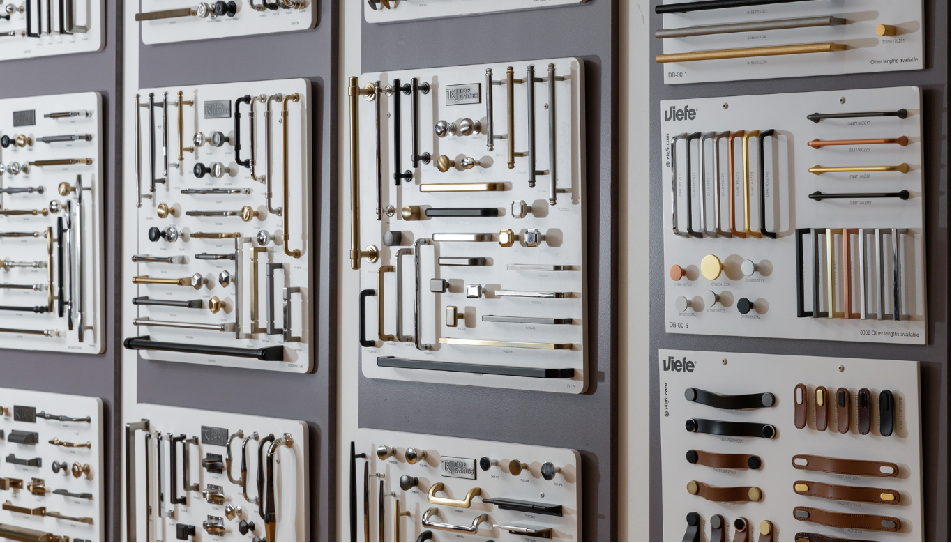 Showroom wall of cabinet hardware samples