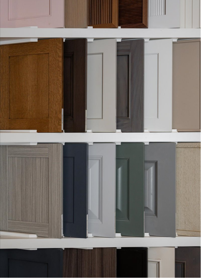 Door style and finish samples on showroom racks